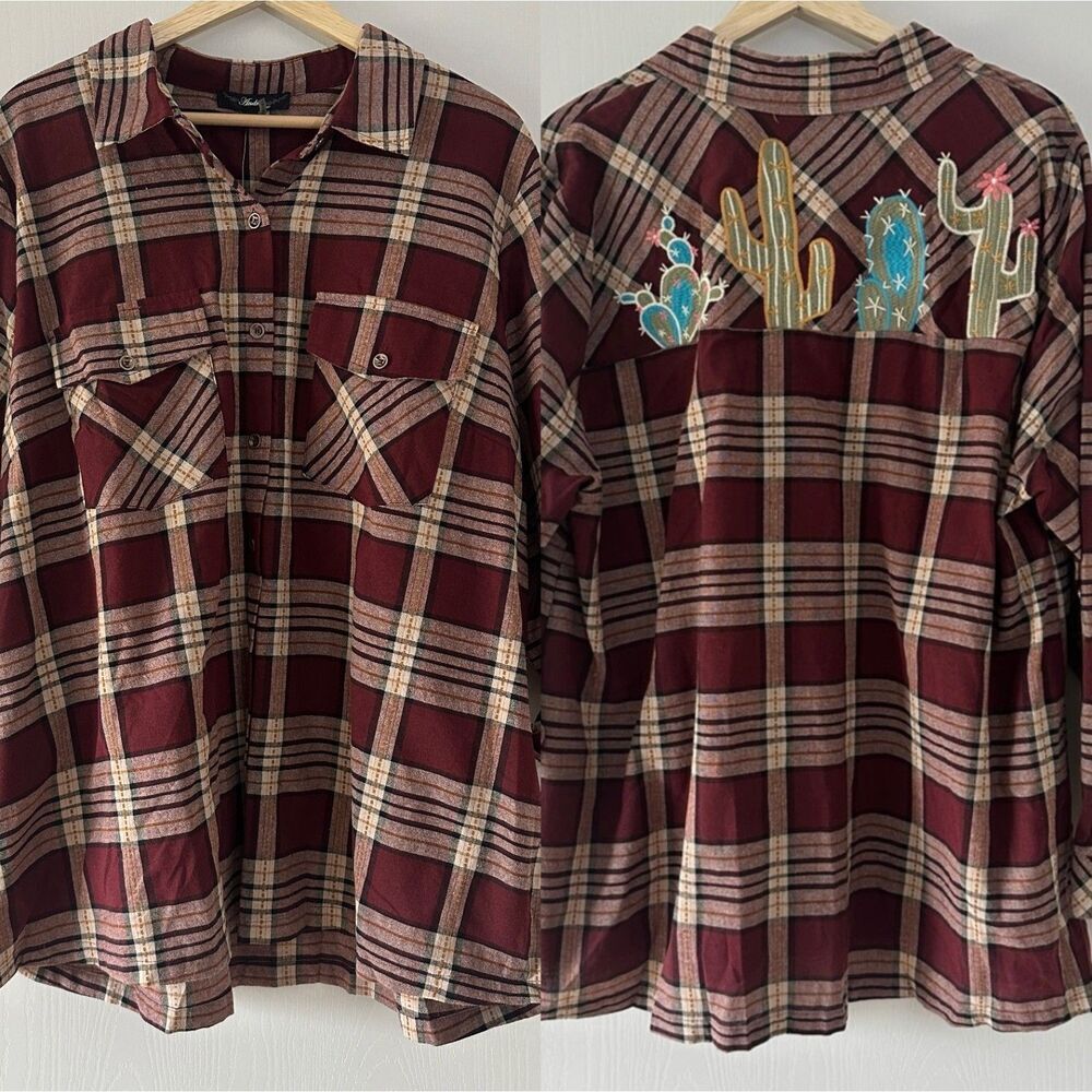 Andree By Unit Plaid Long‎ Sleeve Button Down Cactus Embroidered Red NWT Plus 1X